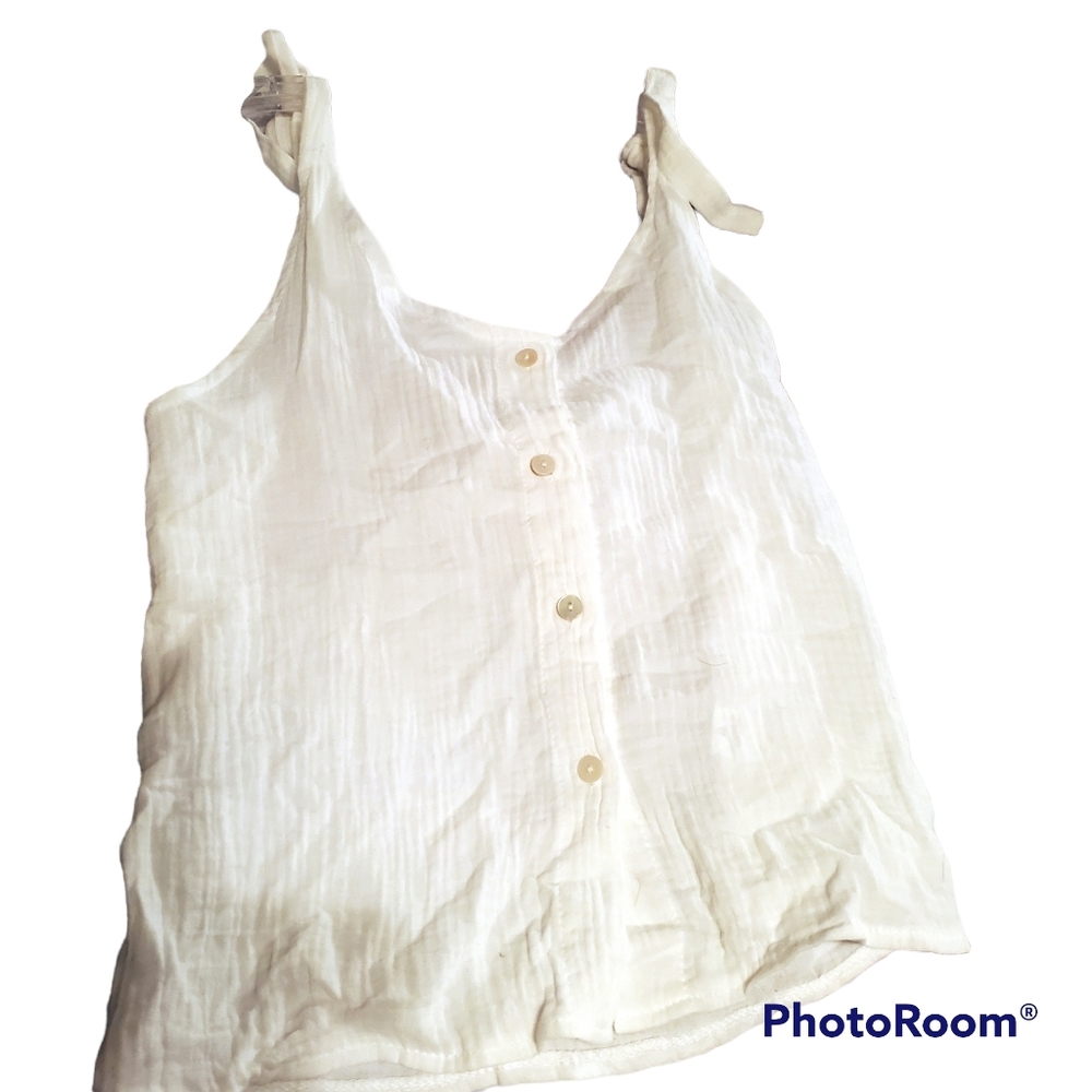 Boutique Off White Crinkly Tie Shoulder Button Down Top M NWT